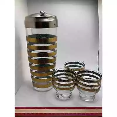 Vintage Culver Martini Shaker 22K Gold Stripes + 3 Footed Glasses Rare FIND • $175.50