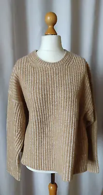 J Crew 100% Cashmere Thick Rib Knit Heavy Crewneck Beige Sweater Size L Oversize • $149.99