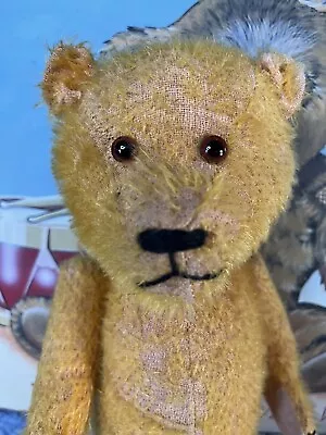 13” Antique Golden Mohair Teddy Bear/ Straw Filled Jointed Glass Eyes Growler • $34