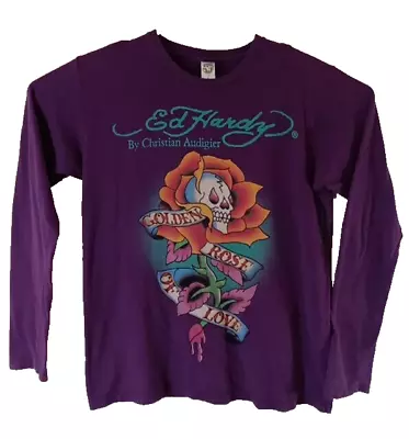 Ed Hardy By Christian Audigier Men's T-Shirt Lg. Purple Crew Neck Long Sleeve • $75