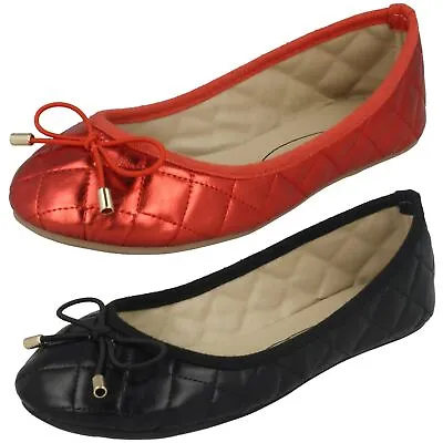 Girls Spot On Flat Bow Slip On Casual Ballet Shoes  Pumps Size H2r409 Black Red • £9.99