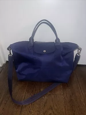 Pre Owned LONGCHAMP Le Pliage Neo 18 LARGE Nylon Travel Satchel Tote Bag NAVY • $31