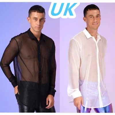 UK Men's Sexy See Through Shirt Long Sleeve Button Down Tops Blouses Clubwear • £11.99