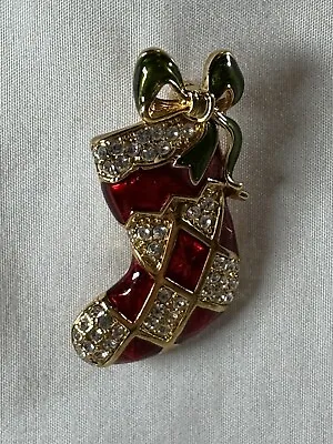 Monet Christmas Brooch Pin Vintage Stocking Elegant Enamel Rhinestone Gold Tone • $17.77