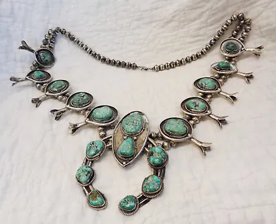 Vintage Sterling Silver Turquoise Squash Blossom Necklace - S • $1025