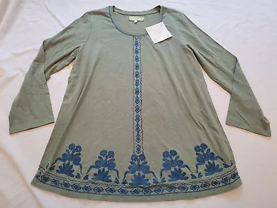 Sigrid Olsen Long Sleeve Linen Blend Shirt Sz Medium Embroidered Green And Blue  • $29.99