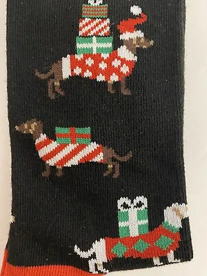 New Dachshund Christmas Socks Women’s Black Santa Hats Sweaters Size 4-10 • $5.99