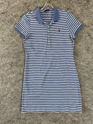 Ralph Lauren Cotton Polo T Shirt Dress Womens Medium Blue  Striped 1/4 Button • $24.97