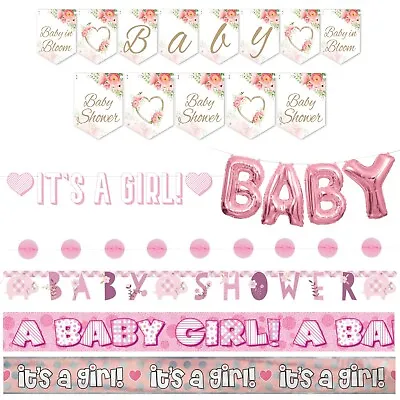 BABY SHOWER GIRL BANNERS Pink Foil Jointed Bunting Luxury Garland Balloon • £2.99