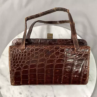 Vintage Brown Crocodile Purse Clutch 50s 60s Snap Frame • $37.95