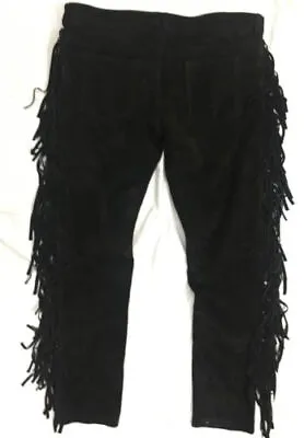 Men Native American Western Cowboy Leather Pants Suede Leather Fringe - Black • $59.99