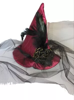 7  Burgundy Witch Mini Hat Costume W Black Veil And Feathers And Tulle Flowers • $12.94