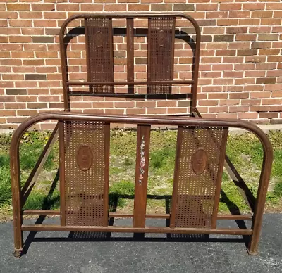 20-30's Tubular Iron Pierced Metal Faux Cane Wood Grain Look Full Sz Bed Frame • $399.99