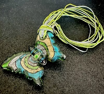 MY VINTAGE MOM’S GREEN Blue BUTTERFLY DICHROIC Glass 18.5” CORD Necklace • $6.99