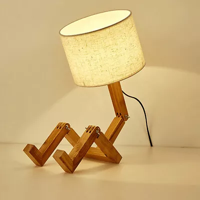 Modern Robot Table Light Wooden Fabric Creative Bedside Desk Decor Lamp 110V • $26.60