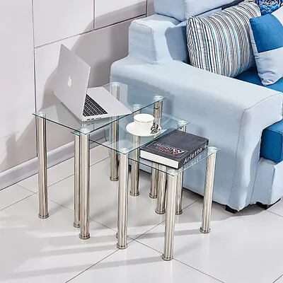 £55.99 • Buy Nest Of 3 Nested Nesting Tables Side End Coffee Table Glass/Wood For Living Room