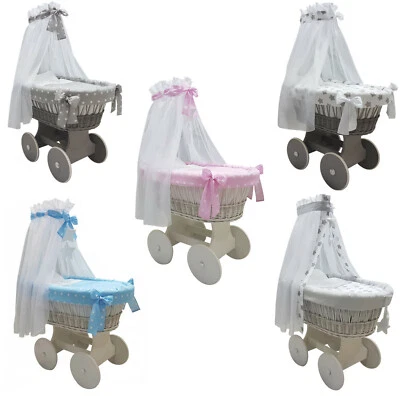 £159 • Buy Complete Wicker Moses Basket With Stand Big Wheels Bedding Drape 19 Designes