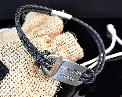 Leather Steel Bracelet With Engraved ID Plate Father's Day Gift • £30.88