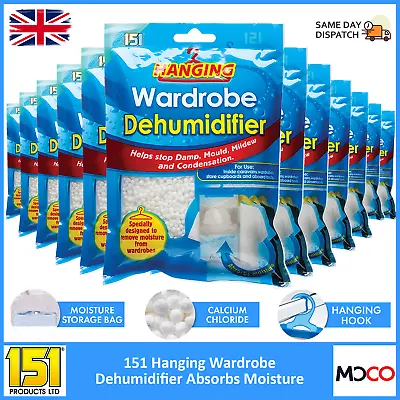 151 Hanging Wardrobe Dehumidifier Bags Cupboard Mould Mildew Moisture Remover • £5.99