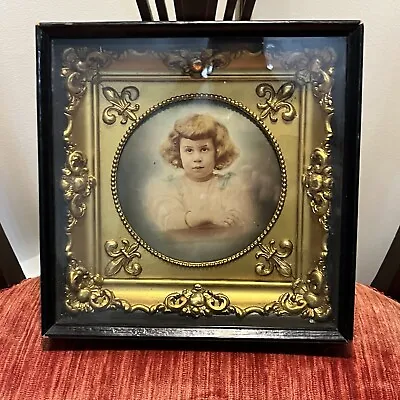 Antique Gold Gesso Frame Portrait On Tin In Shadow Box Victorian Edwardian Era • $150