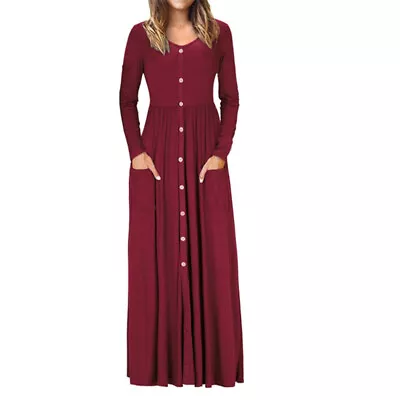 Autumn Women O Neck Button Maxi Dress Ladies Long Sleeve Vintage Dress3680 • $10.56