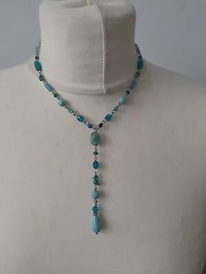 Costume Jewellery Statement Necklace Silver Tone Green Beaded Y Drop Accessorize • £6