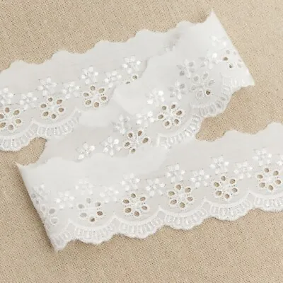 White Cotton Broderie Anglaise Flat Lace Trim 50cm - 2 Inch Wide 3118 • £3.05