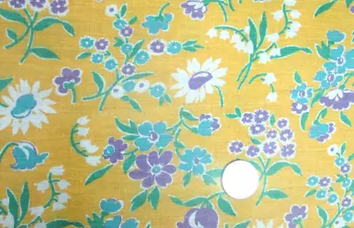 Vintage Partial Feedsack:  Sunny Yellow With Violet Teal And White Flowers • $7.99