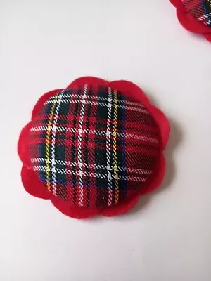 RED FELT FLOWER BROOCH WITH PADDED RED TARTAN FABRIC CENTRE. 8.5cm • £4.75