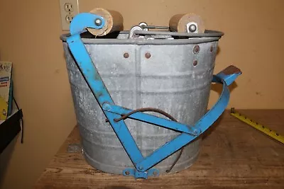 Vintage White Mop Wringer Galvanized Metal Bucket Wood Rollers Janitor WORKS • $65