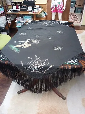 54  Square Vintage Emboidered Piano Scarf With 10  Fringe Hand Embroidered As Is • $125