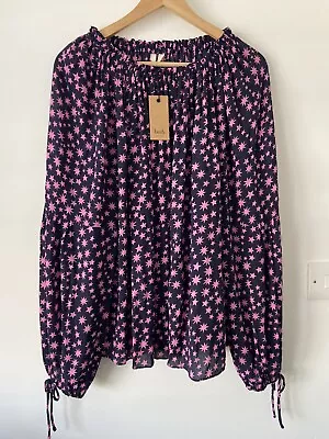 HUSH Ameila Blouse Navy Blue Pink Star Print Off Shoulder Long Sleeve Top 12 New • £20
