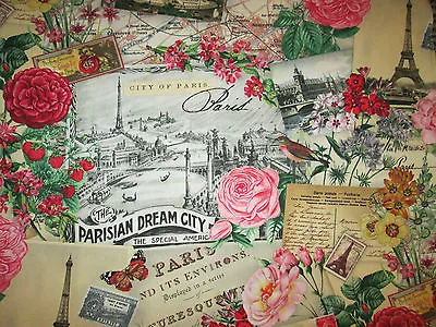 Vintage Paris Dream Eiffel Tower Rose Scribe Post Card Cream Cotton Fabric Bthy • $6.89