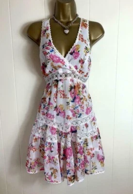 £29.99 • Buy Lipsy Floral Mini Dress 14 12 UK Lace Cream Ivory Pink Party Flare Summer Boho