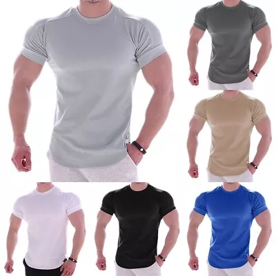 Mens Tight Tees Short Sleeve Gym Running TShirt Compression Tops For Fitness • £12.91