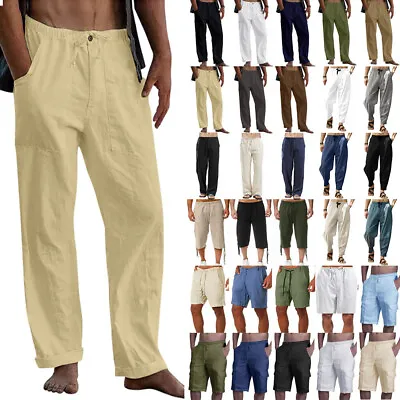 £9.59 • Buy Mens Cotton Linen Summer Beach Loose Pants Baggy Elastic Waist Trousers Shorts