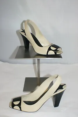 Max Studio Blanca Open Toe Heels Sandals Slip On Ivory And Black Sz 8.5M • $34.77