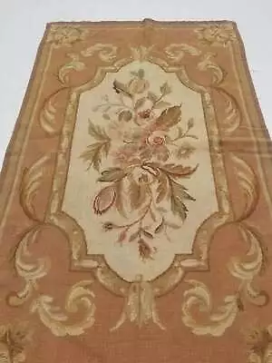 Vintage French Needle Point Handmade Floral Brown Wool Rug Carpet 147x88cm • £275