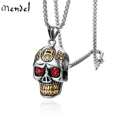 MENDEL Gothic Mens Stainless Steel Punk Biker CZ Skull Pendant Necklace For Men • $12.99