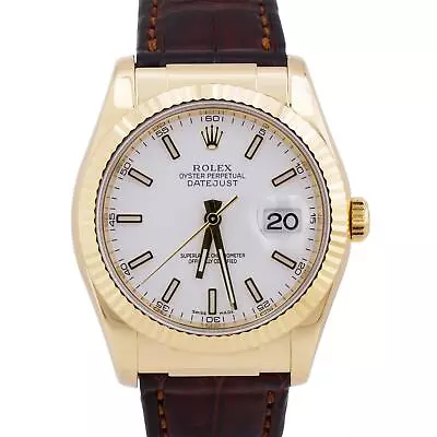 PAPERS Rolex DateJust 36mm WHITE 18K Yellow Gold Brown Leather Watch 116138 BOX • $12993.21