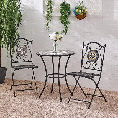 Mosaic Bistro Set Table And Folding Chairs Outdoor Garden Patio Dining Furniture • £135.95