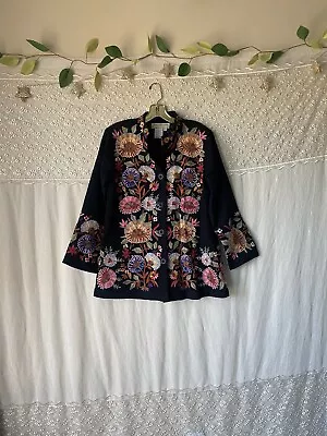 90s Vintage Embroidered Wool Jacket Norm Thompson Floral Blazer Size Small • $80