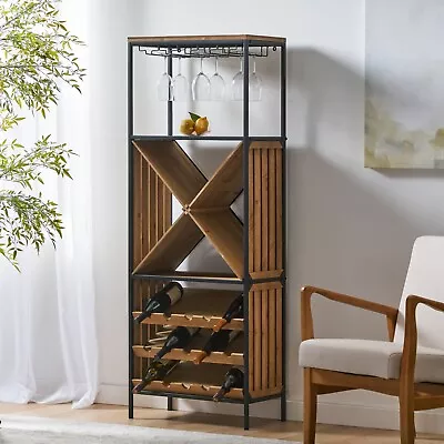 Hamlin Modern Industrial 15 Bottle Floor Wine Rack Natural And Black • $92.82