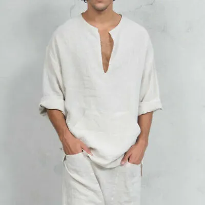 £32.66 • Buy Men Linen Cotton T-Shirt Kurta Islamic Tops Tee Shirt Loose Wide Long Sleeve