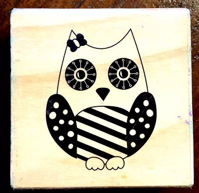 Fancy Sweet OWL Bow Ribbon Dots And Stripes Wood Mounted Rubber Stamp • $3