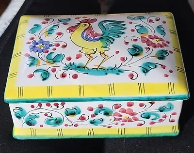 Vintage ITALY Ceramic Porcelian Trinket Box W/Lid Floral Rooster Country Cottage • $15