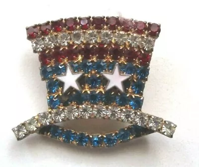 Vintage Uncle Sam Rhinestone Hat Patriotic Brooch Pin Enamel Stars 1x1 1/4  • $9