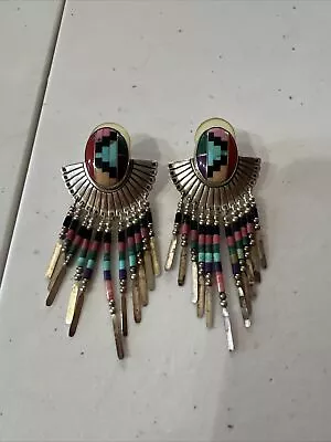 Navajo Large Sterling Silver Multi-Stone Inlay & Dangle Earrings Marked QT • $45