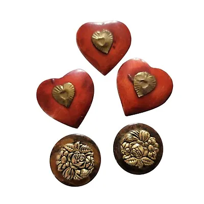 Vintage Button Covers Acrylic Red Hearts Brown Flowers Arts And Crafts Lot Of 5 • $15
