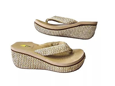 Womens Volatile Island Platform Wedge Flip-Flop Sandals Natural Raffia Tan Sz 7 • $23